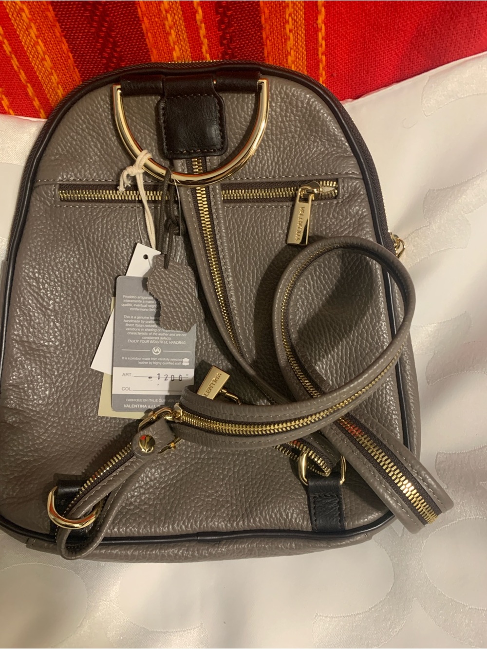 New Valentina Taupe Pebbled Leather Mini Backpack with Gold Hardware